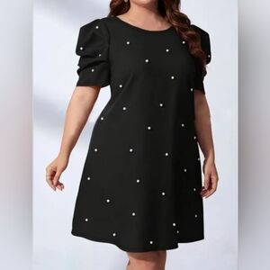 Black Puff Sleeve Dress with Beaded Pearl Accents